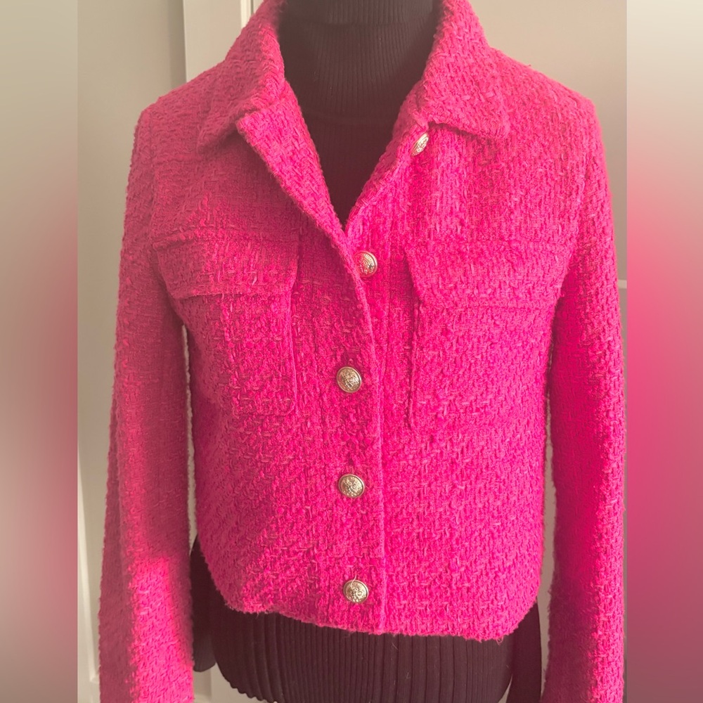 RACHEL ZOE FUCHSIA TWEED CROPPED BLAZER WITH GOLD TONE BUTTONS SZ XS - Picture 2 of 13